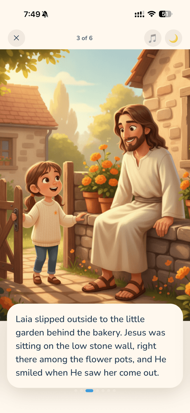 Walking With Jesus story page: a child greets Jesus at a garden gate